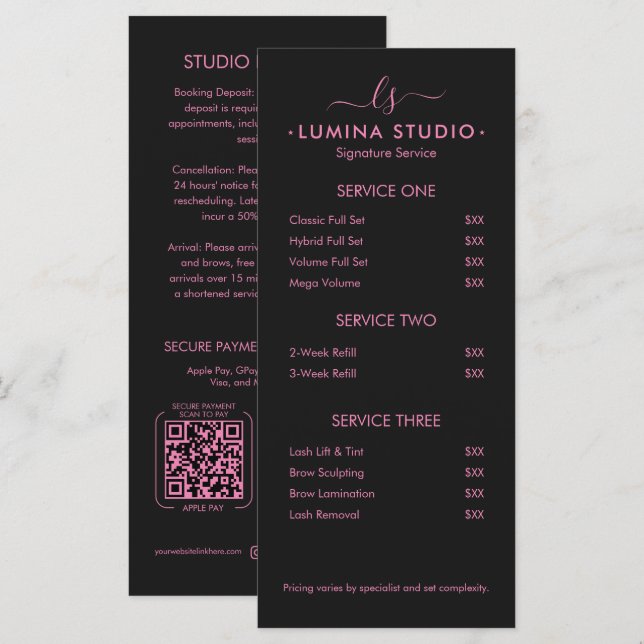 Minimal Beauty Pink Black Lash Tech Price List QR Menu (Front/Back)