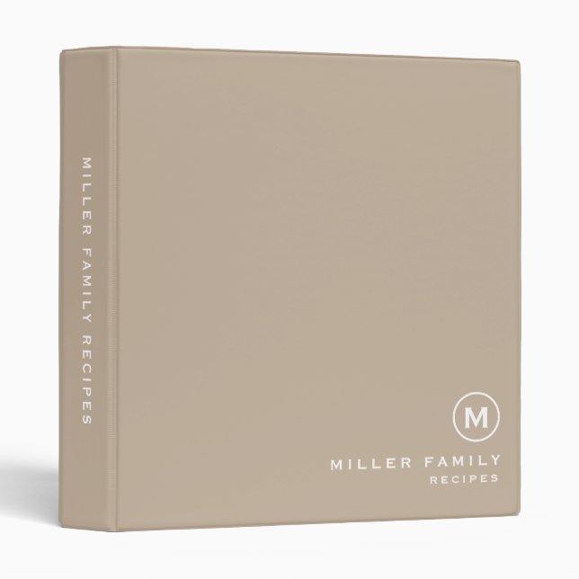 Minimal Beige Classic Family Monogram Recipe 3 Ring Binder (Front/Spine)