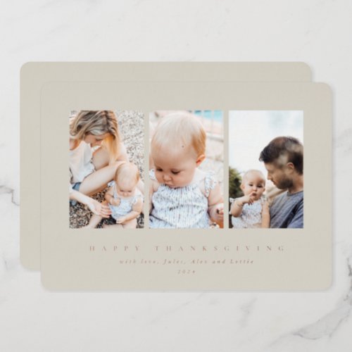 Minimal Beige Frame 3 Photo Happy Thanksgiving Foil Holiday Card