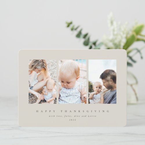 Minimal Beige Frame 3 Photo Happy Thanksgiving Holiday Card