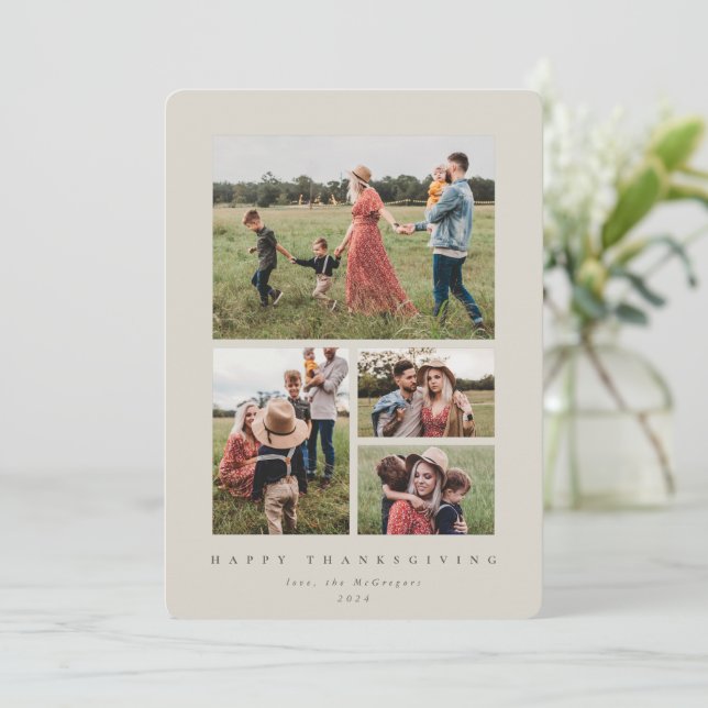 Minimal Beige Frame 4 Photo Happy Thanksgiving Holiday Card (Standing Front)