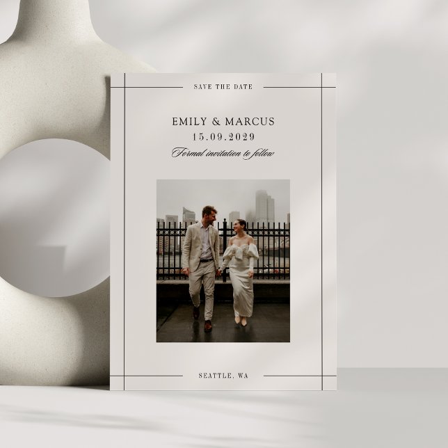 Minimal beige modern border photo save the date invitation (Creator Uploaded)