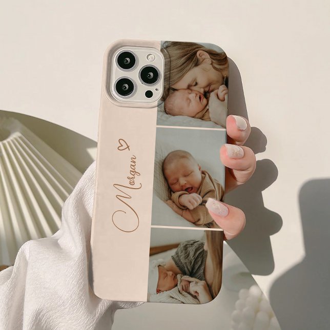 Minimal Beige Script 3 Photo Collage Case-Mate iPhone Case (Creator Uploaded)