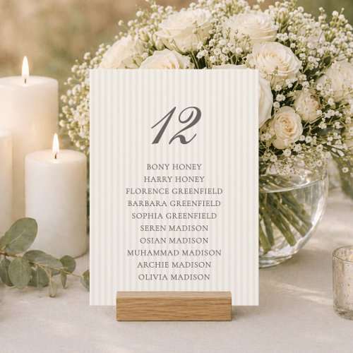 Minimal Beige Striped Wedding Seating Chart Card