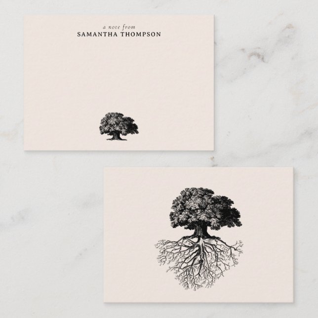 Minimal Beige Vintage Tree Custom Name Note Card (Front/Back)