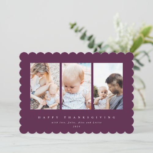 Minimal Berry Red Frame 3 Photo Happy Thanksgiving Holiday Card