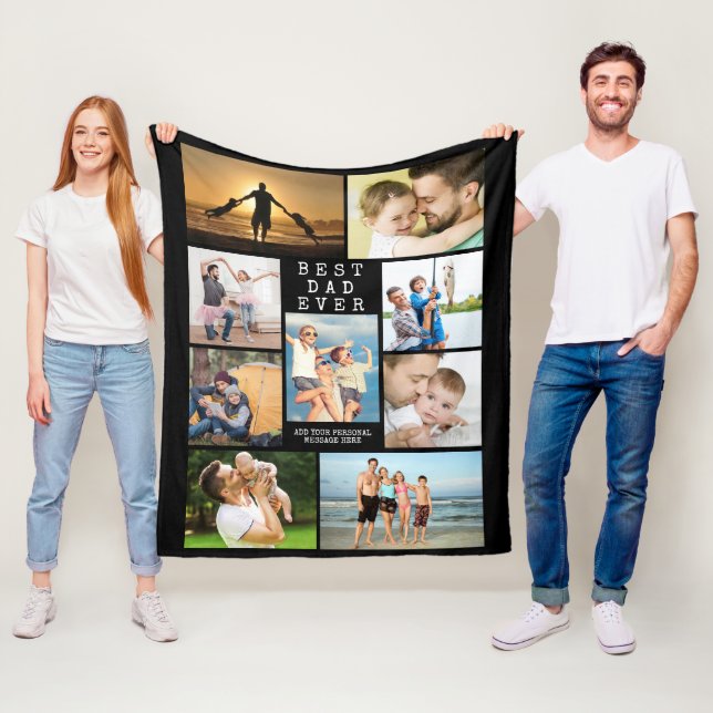 Minimal BEST DAD EVER 9 Photo Collage Personalized Fleece Blanket (In Situ)