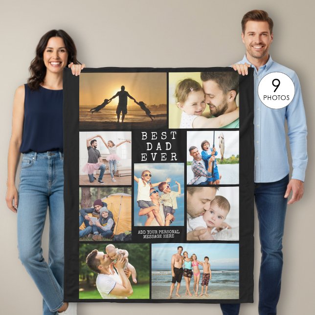 Minimal BEST DAD EVER 9 Photo Collage Personalized Fleece Blanket (Creator Uploaded)