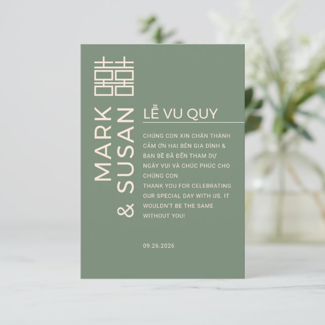 Minimal Bilingual Vietnamese Wedding Green Thank You Card (Standing Front)