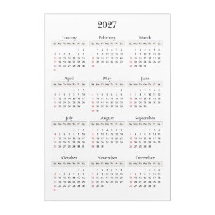 Minimal Black 2027 Calendar Any background color Acrylic Print