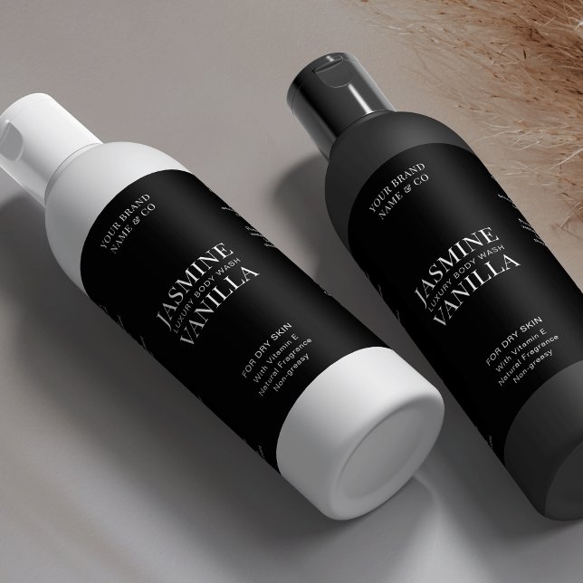Minimal Black 8 OZ Skincare Bottle Product Label (Minimalist black cosmo bottle product labels with elegant serif fonts and modern layout)