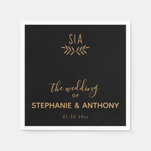 Minimal Black and Gold Branch Calligraphy Wedding Napkins