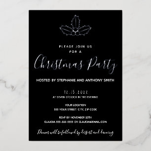 Minimal Black and Gold Mistletoe Christmas Foil Invitation