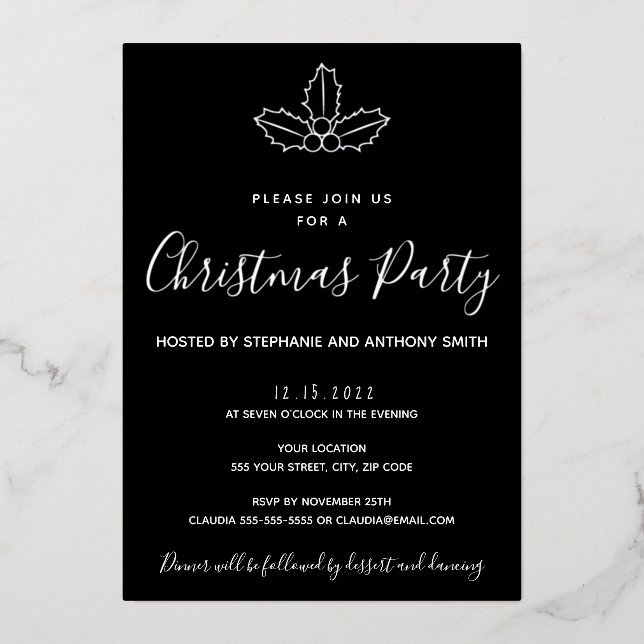 Minimal Black and Gold Mistletoe Christmas Foil Invitation (Front)