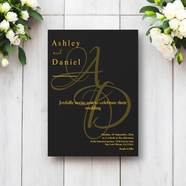 Minimal Black And Gold Monogram Elegant Wedding Invitation (Creator Uploaded)