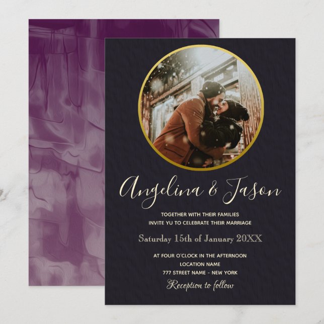 Minimal Black and Gold Photo Wedding Invitation (Front/Back)