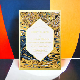 Minimal Black And Gold Waves Abstract Art Wedding Foil Invitation