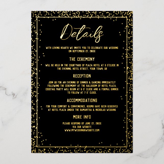 Minimal Black and Gold Wedding Details Foil Invitation (Front)