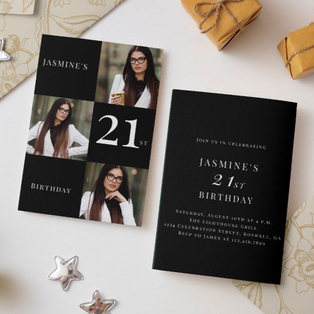 Minimal black and white 3 photo 21st birthday  invitation (Creator Uploaded)