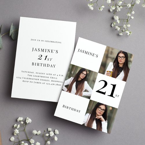 Minimal black and white 3 photo 21st birthday  invitation