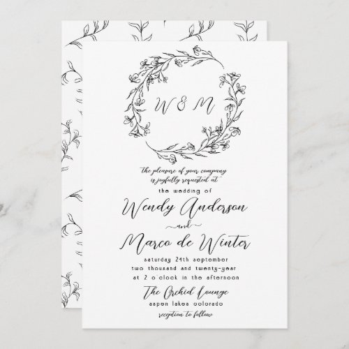 Minimal Black and White Boho Botanical Wedding Invitation