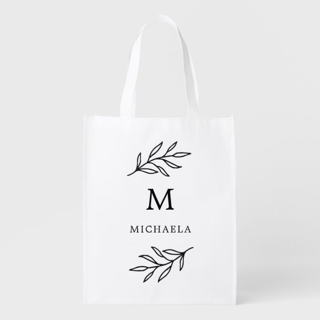 Minimal Black and White Botanical Leaves Monogram Grocery Bag (Front)
