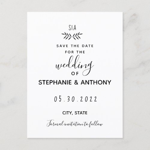 Minimal Black and White Branch Calligraphy Wedding Announcement Postcard