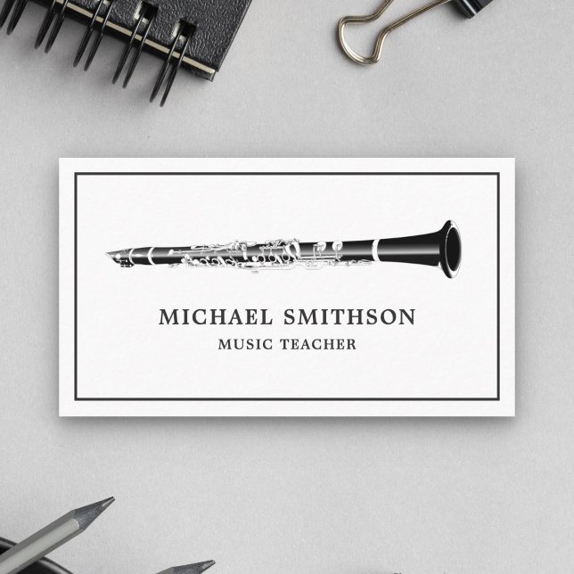Minimal Black and White Clarinet Music Teacher Business Card (Creator Uploaded)