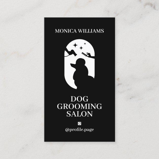 Minimal black and white dog groomer business card (Front)