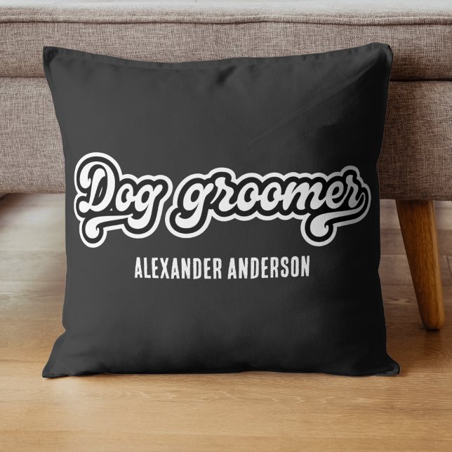 Minimal Black and White Dog groomer Custom Name  Throw Pillow (Minimal Black and White Dog groomer Custom Name Throw Pillow)