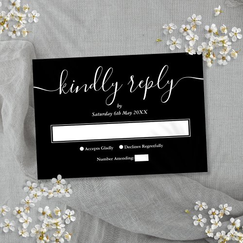 Minimal Black And White Elegant Script Wedding RSVP Card