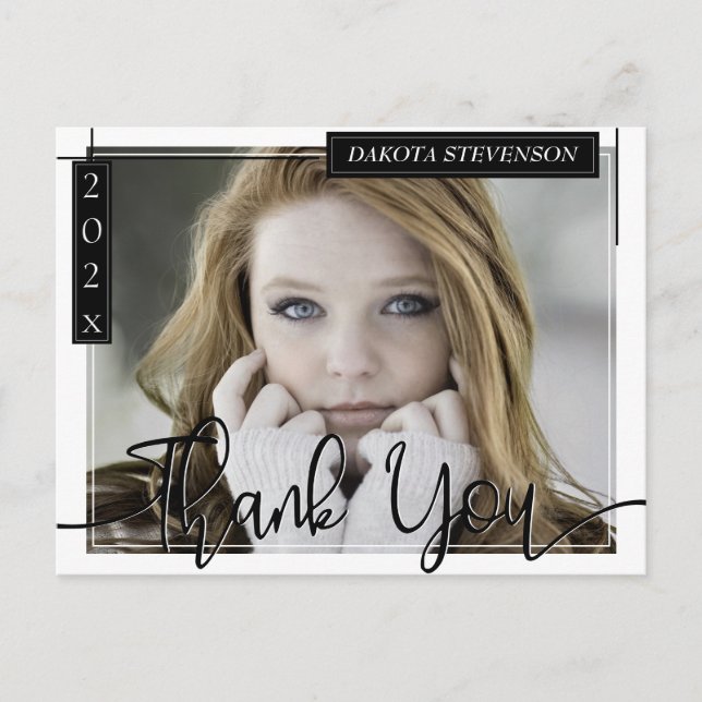 Minimal Black and White Lines Photo Grad Thank You Postcard (Front)