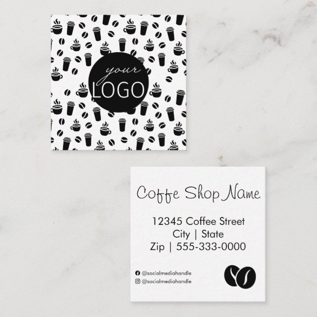 Minimal Black and White Logo Coffee Shop Pattern Square Business Card (Front/Back)