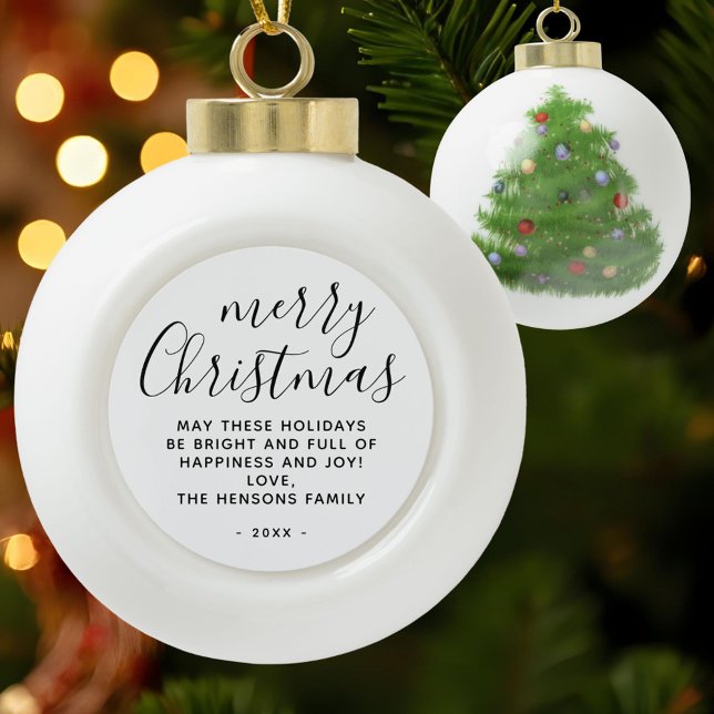Minimal Black and White Merry Christmas Script Ceramic Ball Christmas Ornament (Creator Uploaded)