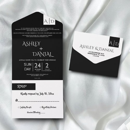 Minimal Black And White Modern Simple Chic Wedding All In One Invitation