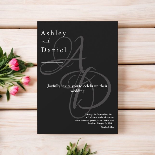 Minimal Black And White Monogram Elegant Wedding Invitation (Creator Uploaded)