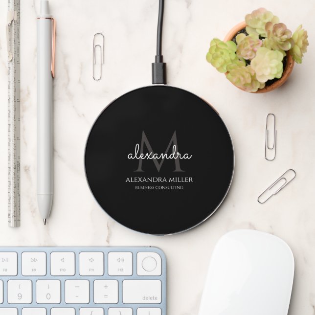 Minimal Black and White Monogram Name Wireless Charger (Desk)