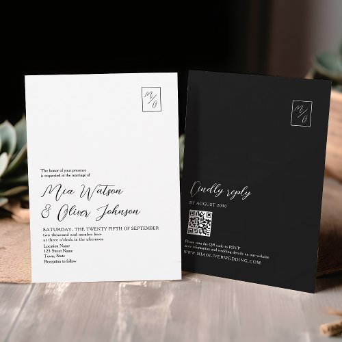 Minimal Black and White Monogram Wedding QR Code Invitation