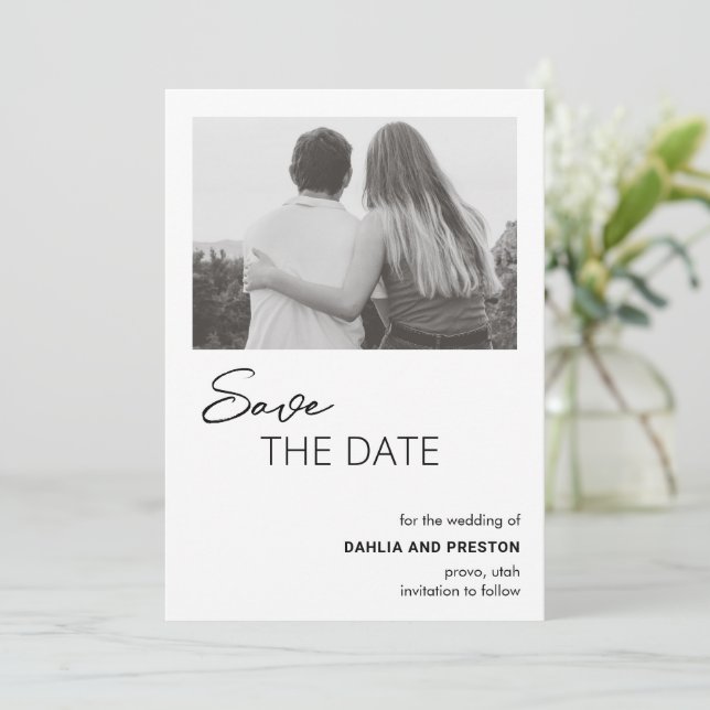 Minimal Black and White Photo Modern Wedding Save The Date (Standing Front)