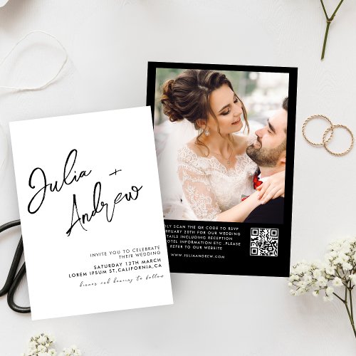 Minimal Black and white QR Code Photo Wedding  Invitation