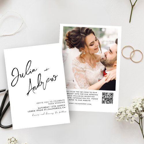 Minimal Black and white QR Code Photo Wedding  Invitation