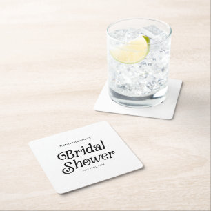 Minimal Black and White Retro Bridal Shower Square Paper Coaster
