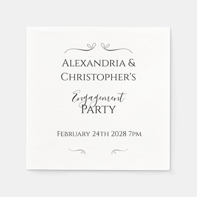 Minimal Black and White Script Engagement Party Napkins (Front)