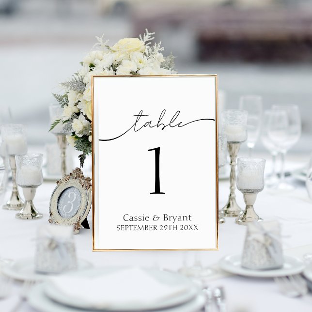 Minimal Black and White Wedding Table Number (Simple Elegant Black and White Table Number Card in Gold Frame)