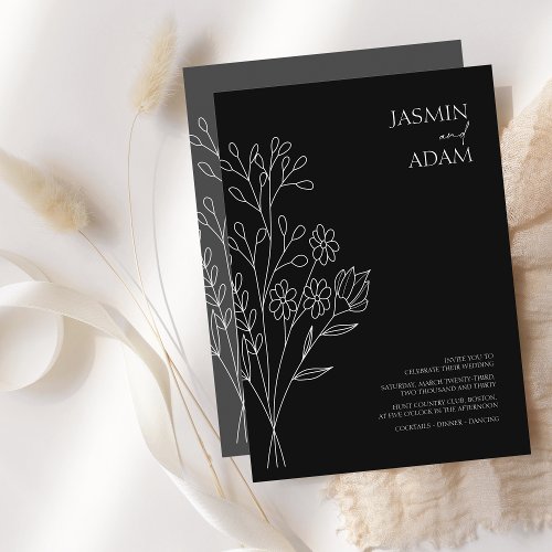 Minimal Black and White Wildflowers Wedding Invitation