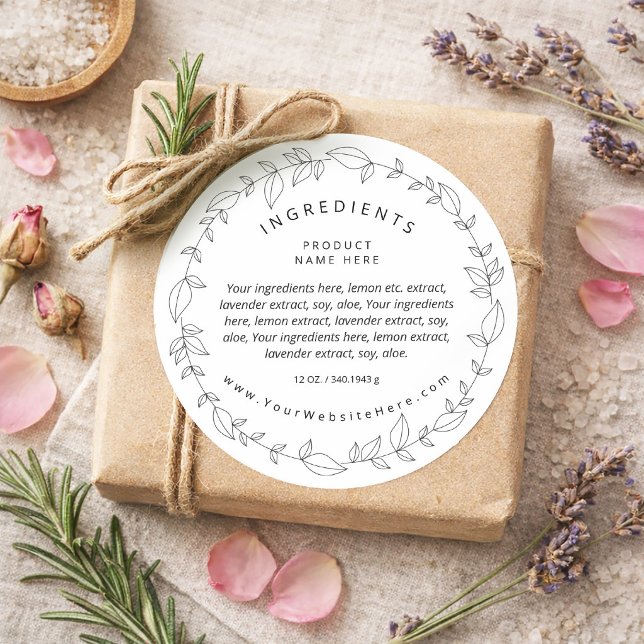 Minimal Black and White Wreath Ingredients Label (Simple Modern Asymmetrical Wreath Ingredients Classic Round Sticker)