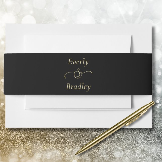 Minimal Black Background Gold Script Wedding   Invitation Belly Band (Creator Uploaded)