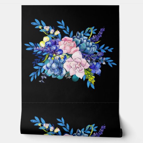 Minimal Black Blue and Pink Color Floral Design Wallpaper