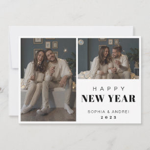 Minimal Black Bold Text 2 Photo Happy New Year Holiday Card
