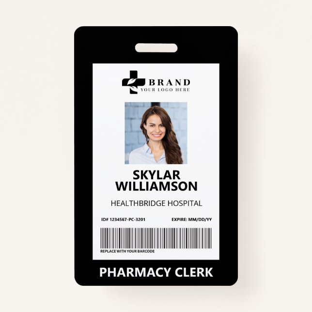 Minimal Black Border Frame Medical Photo ID & Logo Badge (Front)